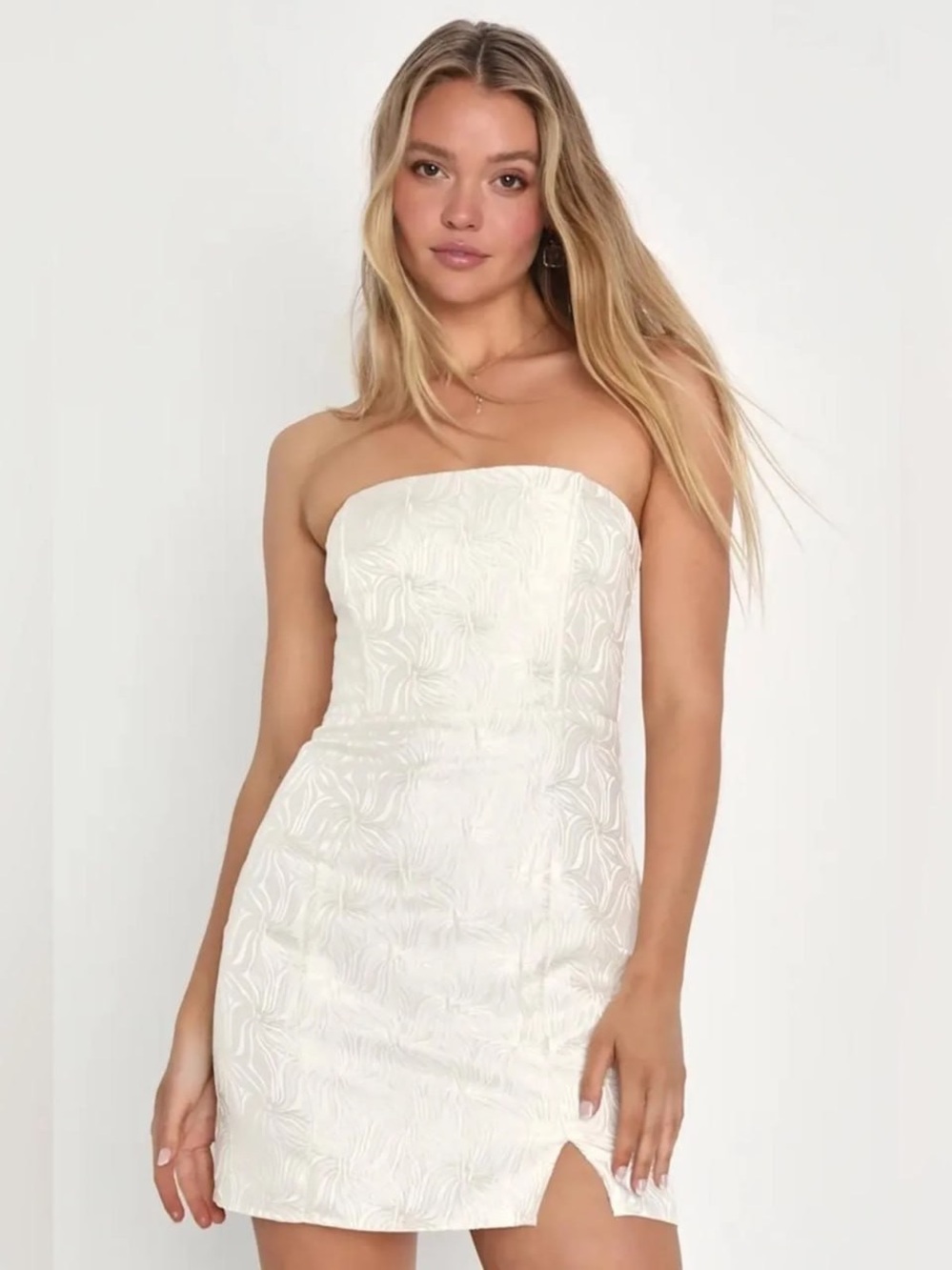 Lulus Bubbly Beauty Ivory Jacquard Strapless Bustier Mini Dress large - Lulus